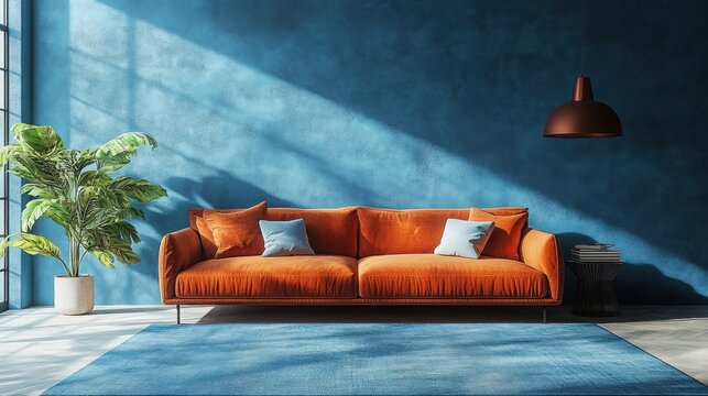 Sunlit orange sofa in a blue room.