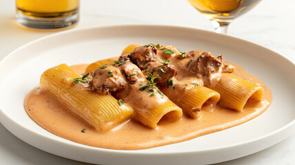 Creamy pasta dish with tender meat and herbs, beautifully plated