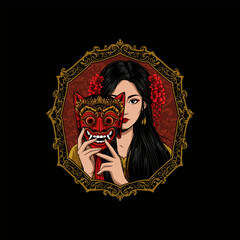 An illustration of a Balinese woman with long black hair delicately holding a traditional red mask within an ornate gold frame.