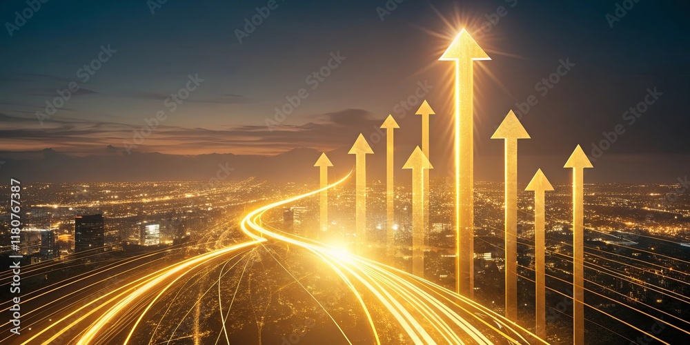 Poster A city skyline with a road that has a series of arrows pointing upwards
