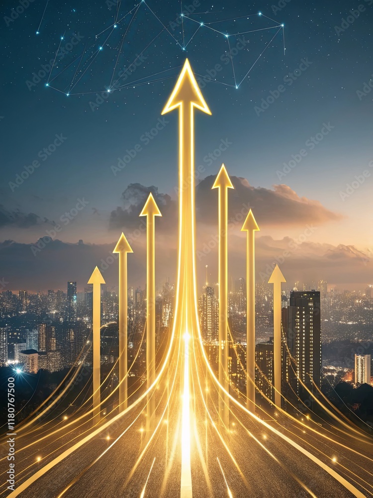 Poster a city skyline with a large arrow pointing upwards