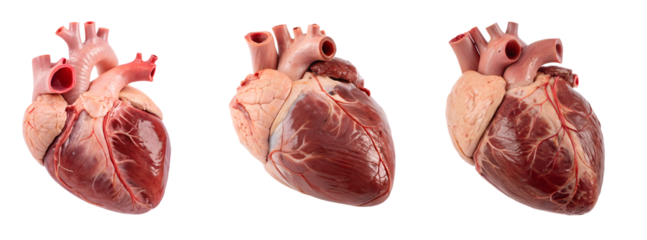 set of healthy, realistic human hearts with atrium and ventricle, internal organs, isolated on a transparent background with a clipping path cutout.