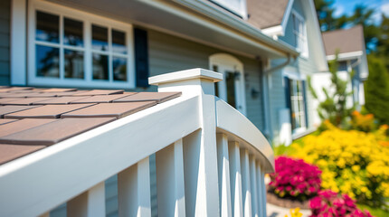 Fototapeta premium Close-up view of a white wooden fence post and railing, partially obscuring a gray house with brown roof shingles. Brightly colored flowers are visible in the blurred background.