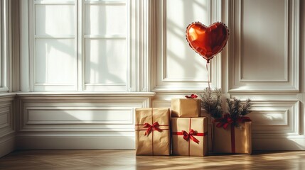 Heart balloon & gifts near window.