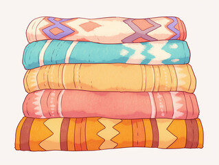 Stack of Colorful Blankets with Intricate Patterns