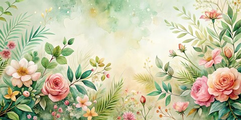 Serene Botanical Watercolor Painting Featuring Delicate Roses, Daisies, and Lush Greenery Against a Soft, Pastel Background