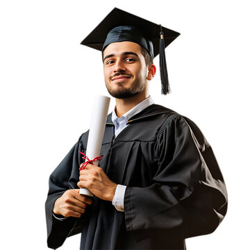 A confident male graduate student wearing a cap and gown
