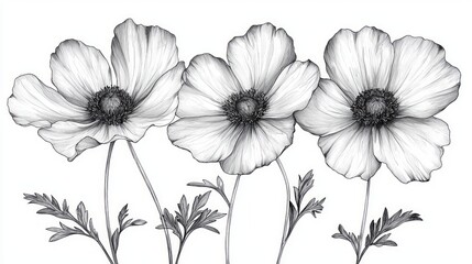 Three delicate monochrome pencil-drawn anemones.