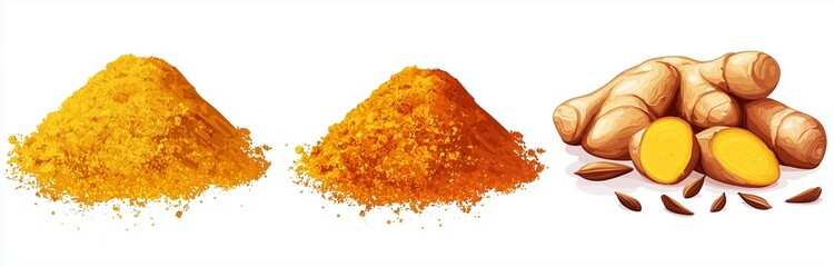 Turmeric, cumin, and ginger set against a white background.