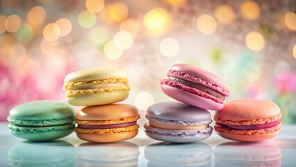 Obraz premium Delightful assortment of pastel-colored macarons arranged on a reflective surface against a shimmering backdrop