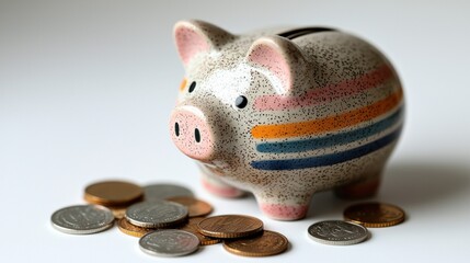 Colorful Piggy Bank Surrounded by Coins on a White Background