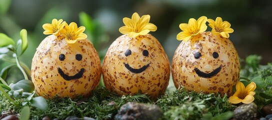 Three happy eggs with flowers on a mossy surface.