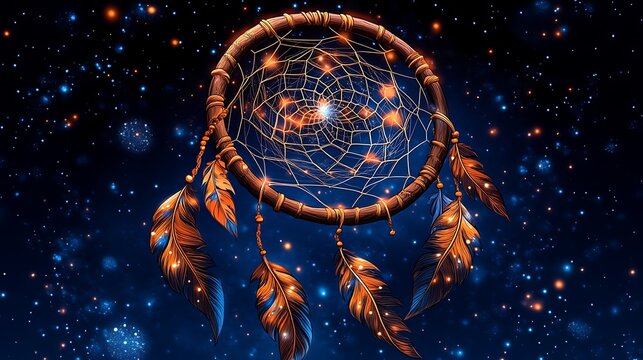 Luminous Dreamcatcher Adorned With Feathers Against A Starry Sky