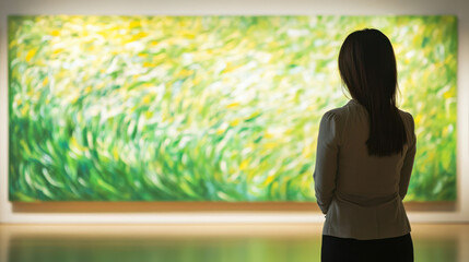 A visitor in a serene art gallery, viewing a large abstract painting with swirling green and golden hues reminiscent of blooming fields, soft-focus art pieces in the background