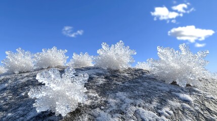 A scenic view of sparkling snowflakes on a rocky surface under a clear blue sky.