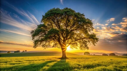 Fototapeta premium Golden Hour Serenity A Majestic Oak Tree Silhouetted Against a Vibrant Sunset Sky Over Rolling Green Fields