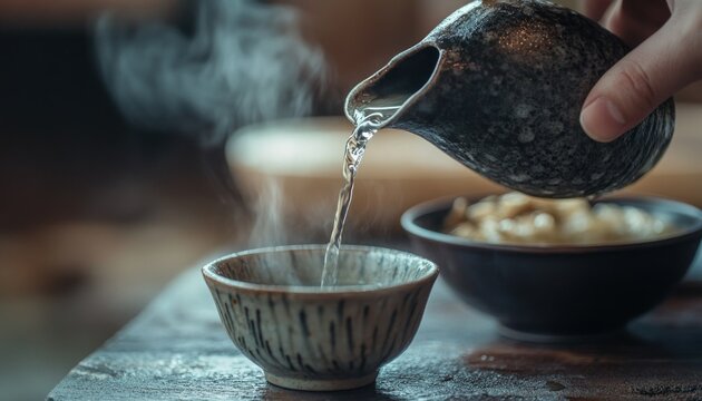 Pouring Hot Sake, A Moment of Tranquility and Warmth with Traditional Japanese Vessels, capturing the essence of a comforting and ritualistic experience,