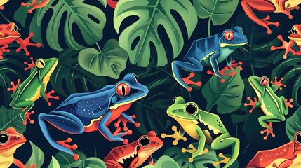 Obraz premium rainforest frog seamless pattern wallpaper