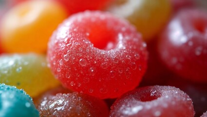 Close-up of colorful gummy candies with a glossy surface and bubbles for sweet treat concept
