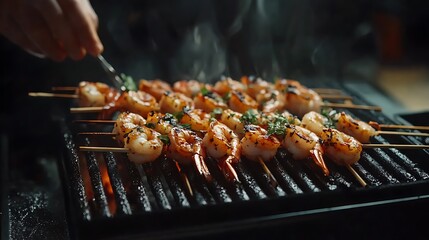 Close-up of grilled shrimp skewers on a barbecue grill with steam rising.