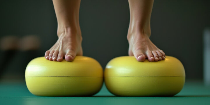 Balanced feet on yellow exercise equipment for stability training