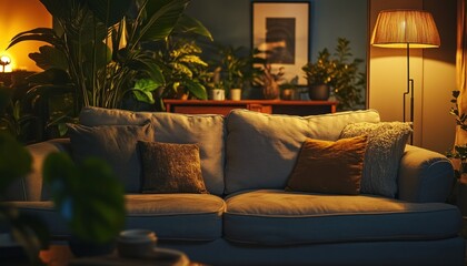 Obraz premium Warm Glow of an Evening at Home, A Cozy Sofa Surrounded by Lush Greenery and Ambient Lighting Invites Relaxation and Tranquility