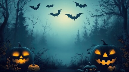 Spooky Halloween scene with carved pumpkins and bats flying in a misty forest at night.