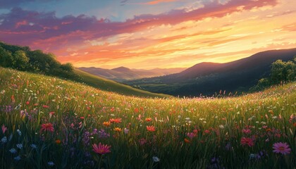 Fototapeta premium A Vibrant Meadow Beckons at Sunset, with Rolling Hills and a Colorful Sky Painted in Hues of Orange, Pink, and Lavender above a Flowery Field,