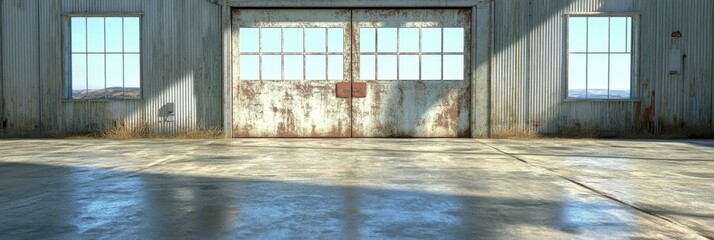 Fototapeta premium Rusty Hangar Interior with Panoramic Windows and Concrete Floor