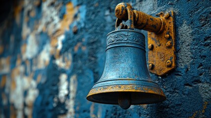 Obraz premium Antique Metal Bell Hanging on a Weathered Blue Wall Background