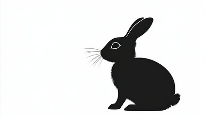 Obraz premium A Minimalist Black Silhouette of a Rabbit Against a Clean White Background, Capturing its Elegant Profile with Detailed Whiskers and Erect Ears,