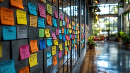 Wall covered with colorful sticky notes and diagrams. It is a representation of brainstorming, planning, and project management