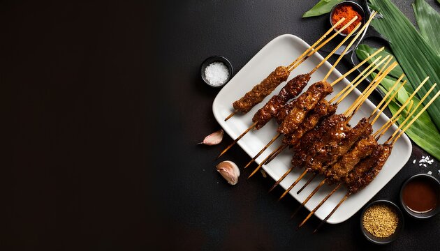 Indonesian food sate or satai or satay on the plate with dark background with copy space for add text. grilled meat with vegetables and spices