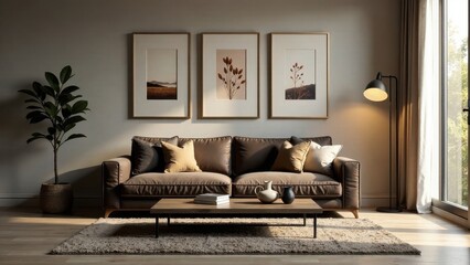 Modern Living Room Interior Design with Brown Leather Sofa and Natural Decor