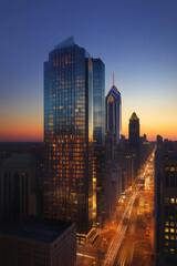 Harmonious Urban Symphony: Twilight Skyline of Skyscrapers and Illuminated Streets