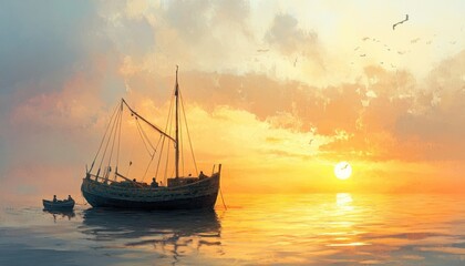 Golden Hour Voyage, A Tranquil Scene of Boats Silhouetted Against a Vibrant Sunset Over Calm Waters, with Gulls Soaring Overhead,