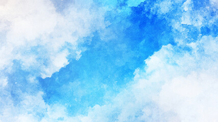 Fototapeta premium Beautiful dreamy blue cloudy sky with soft white clouds texture pattern against light watercolor brush gradient background