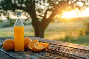 Naklejka premium Bottle of orange juice and ripe oranges on wooden table in garden