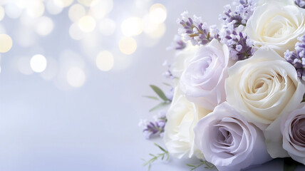 Romantic white and purple roses arrangement with bokeh light creating dreamy backdrop for wedding celebration theme