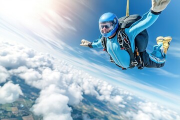 travel adventure accommodation Concept. A skydiver in mid-air leaps over clouds with a bright blue sky in the background.