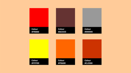 A vibrant vector color palette featuring six distinct shades, perfect for design projects. Includes bright red, deep brown, neutral gray, vivid yellow, bold orange, and rich red orange