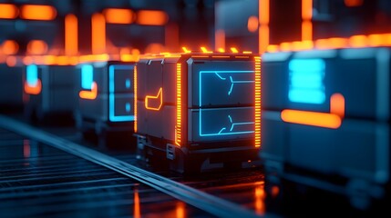 Obraz premium futuristic neon cubes tech conveyor belt - cyberpunk aesthetics