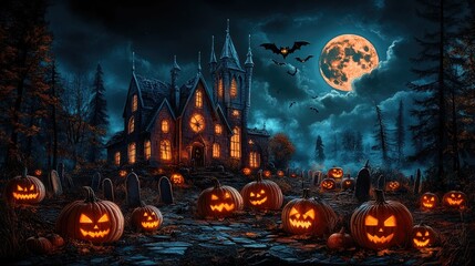 Spooky Halloween night scene with haunted house, pumpkins, bats, and full moon.