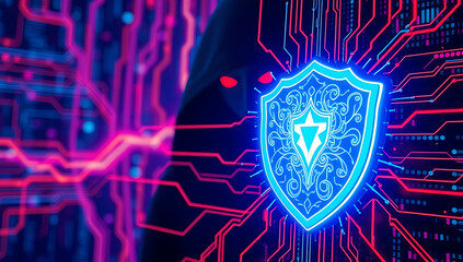 Fototapeta premium A glowing shield icon with data streams and a dark, shadowy figure symbolizing hackers, set against a vibrant cyber matrix background.