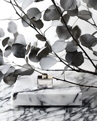 Elegant Perfume Bottle Displayed on Marble with Eucalyptus Branches