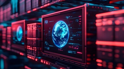 Obraz premium global network data center server room - cyberpunk aesthetics