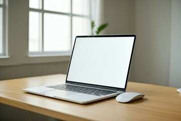Fototapeta premium Mockup Open laptop with a blank screen and mouse on a wooden desk near a window.