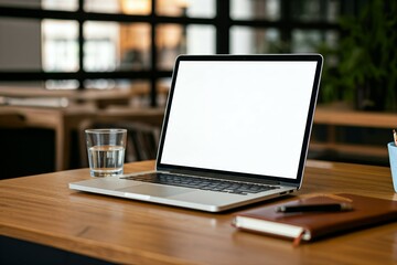 Fototapeta premium Mockup Laptop with a blank screen on a wooden desk with a glass of water and a notebook beside it in a cafe setting.