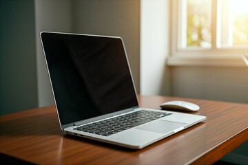 Fototapeta premium Mockup A closed laptop with a mouse on a wooden desk near a window with natural light.