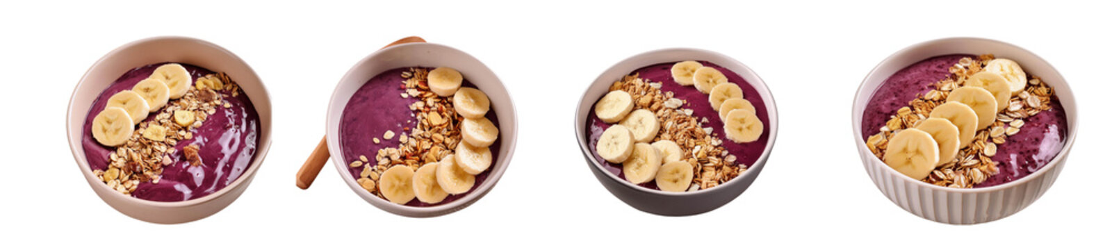 Acia bowl with muesli and sliced bananas transparent background